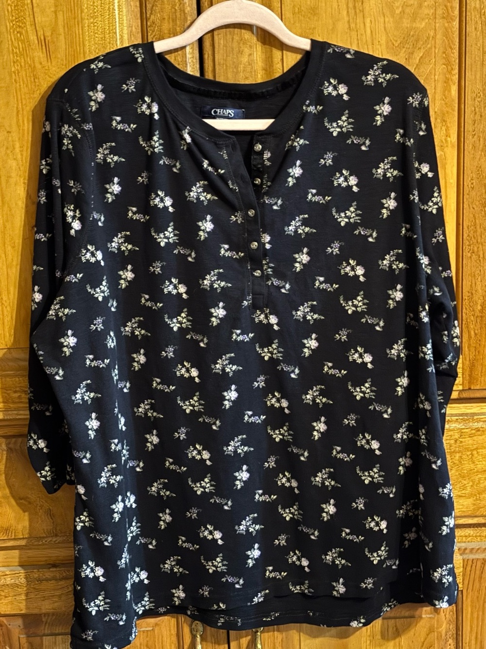 Chaps Black Floral Henley Long Sleeve Top 2X